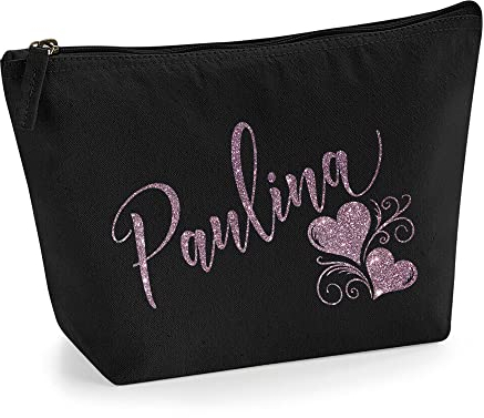 Personalisiert Name Initialen Herz Wirbel Kosmetiktasche Damen Schminktasche für Handtasche Makeup Tasche mit Texturdruck - Roségold Glitter - M | Schwarz