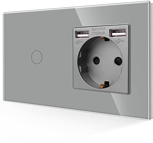 JIMEIDA USB Steckdose mit Lichtschalter in Grau, 16A Glas 3-in-1 Schuko Steckdose Unterputz mit 2 USB Ladegerät (2.1A), 1-Fach 1-Poliger Touch Wandschalter mit Status-LED,86mm * 157mm