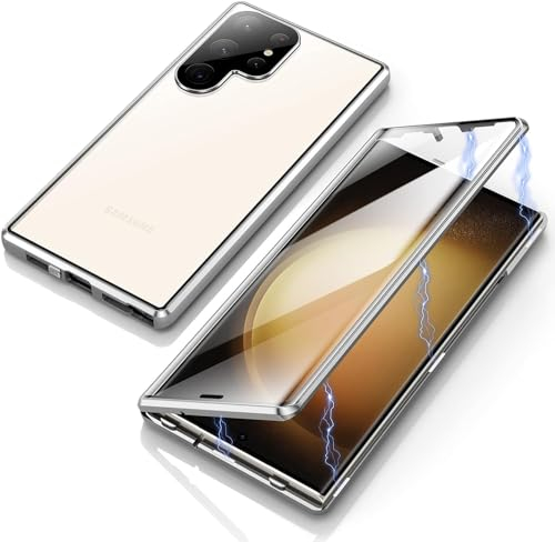 Hülle für Samsung Galaxy S23 Ultra 5G, Magnetische Metallrahmen Handyhülle 360 Grad Full Body Vorne hinten Gehärtetes Glas Schutzhülle Einteiliges Ultra Dünn Flip Transparente Cover