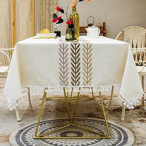 Pahajim Tischdecke Rechteckig Baumwolle Leinen Tischdecke Abwaschbar Antifouling Quasten Design für Küche, Esszimmer, Picknick, Outdoor, Garten(140 x 300 cm)