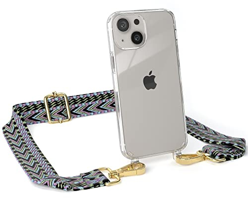 EAZY CASE Handykette - Verstellbares Taschenband kompatibel mit iPhone 13 Mini, Schulterriemen, Handykordel mit Silikon Hülle, Umhängetasche, Lila Grün Gold