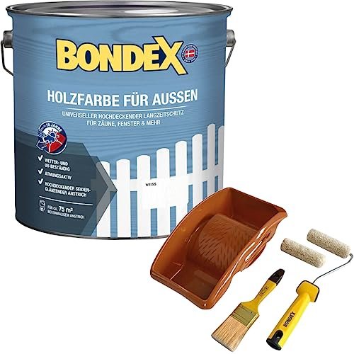 Bondex Peinture à bois pour extérieur 7,5 l blanc | Pack promotionnel avec kit de peinture | pour environ 75 m² | Résistant aux intempéries et aux UV | Respirant | Satiné brillant