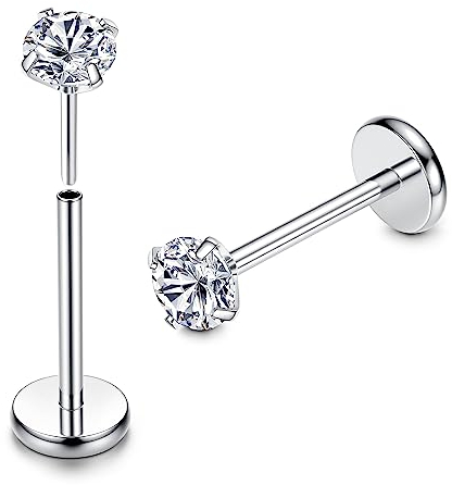 Adramata 2Pcs G23 Titan Lippenpiercing Labret Piercing Gewindeloses Einschieben Monroe Medusa Piercing CZ Opal Piercing Ohr Klein Nasenpiercing Stecker Conch Tragus piercing Silber Helix Piercings