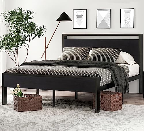 SHA CERLIN 14 Inch Queen Size Metal Platform Bed Frame with Wooden Headboard and Footboard, Mattress Foundation, No Box Spring Needed, Large Under Bed Storage, Non-Slip Without Noise, Black Oak