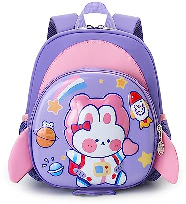 FANDARE Kinderrucksack mit Brustgurt 3D Cartoon Kinder Rucksack mit Leine Mädchen Junge Schulranzen Schultertasche Kindertasche Schulrucksack Kindergarten-Rucksack mit Reflektierender Streifen Lila