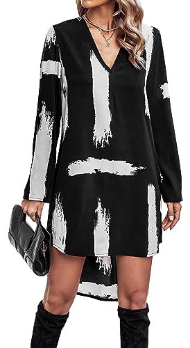 GORGLITTER Women's Graphic Print Long Sleeve Shirt Dress High Low Hem V Neck Short Dress Black and White XL