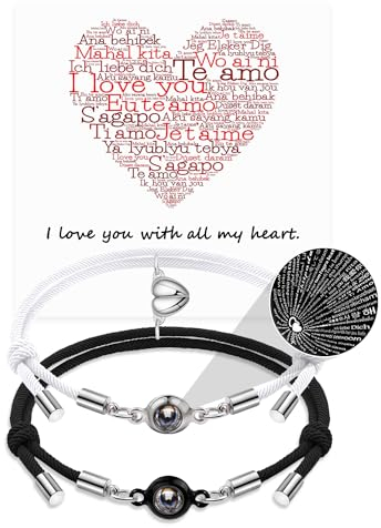 QianSiLi Paar Armbänder, Ich liebe dich in 100 Sprachen Projektion Armband, einstellbar, Paar Geschenke für ihn sie Freund Freund, Jahrestag Geschenk Geburtstag Valentinstag (Weiß+Schwarz)