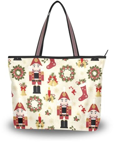 ALAZA Large Tote Bag, Women Shoulder Bag Big Capacity Casual Handbags, Christmas New Years Nutcrackers Shopping Tote Bag with Pockets Zip,L