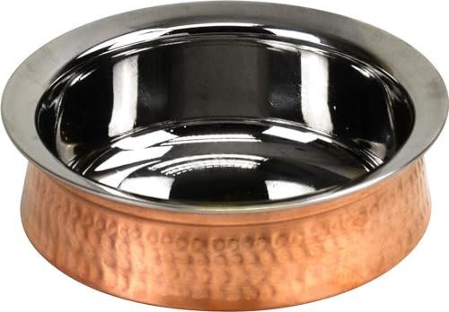 Sterling Ventures Indian Handi Stainless Steel Dishes Bowl Food Serving Handi Pot Hammered Balti Copper Bottom Tableware Serving Dishes (17CM)
