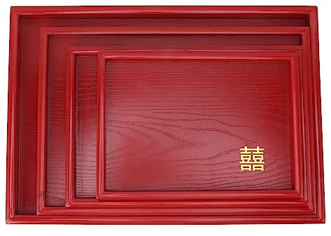 Plateau à Thé, Plateau De Service En Bois, 4 Pièces Plateau De Service De Style Chinois, Assiette De Thé De Mariage Rouge, Assiette De Collation De Café, Plateau De Bonbons Aux Fruits En Bois(square)