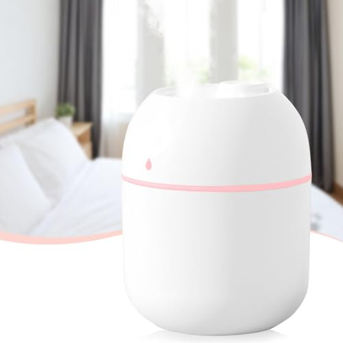 Mini Water Humidifier, LULUWA 220ml Small Portable USB Powered Cool Mist Air Desktop Diffuser with Soft Night Light for Car Bedroom Office (White)