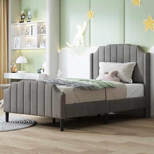 ZUUYEE Polsterbett 90x200 cm, Kinderbett Bettrahmen mit Kopfteil und Lattenrost, Samt Gepolstertes Einzelbett Jugendbett Gästebett, Bett 90x200, Grau