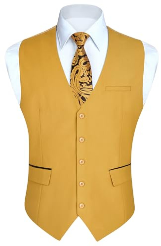 HISDERN Gilets jaune Hommes Gilet de mariage classique Gilet de costume de smoking avec poches de mode Coupe régulière 2XL