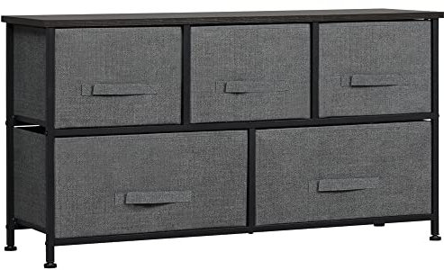 HOMCOM Commode Meuble de Rangement 100 x 30 x 54 cm 5 tiroirs Non-tissés Gris foncé Structure Acier Noir Aspect Bois