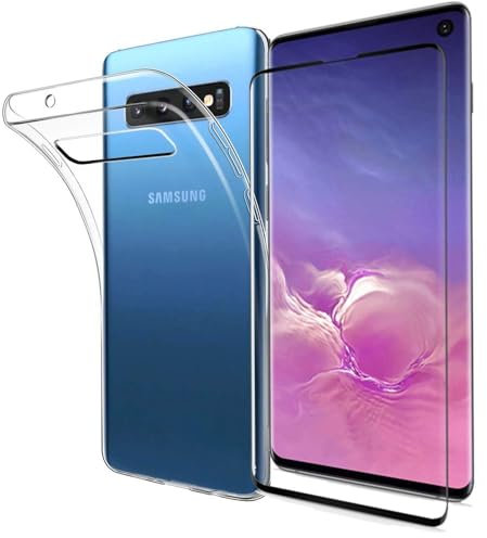 HQ-CLOUD® Coque pour Samsung Galaxy S10 plus Transparente Silicone en Gel TPU Souple + 2 Verre trempé Incurvé couverture complète bord noir - Anti Rayures - Ultra Résistant Dureté 9H