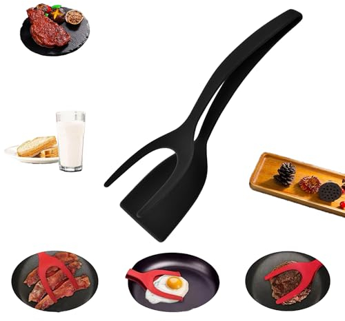 enseak Spatule Oeuf 2 en 1 Oeuf Au Plat,Flip Spatula Tongs Egg,Egg Flipper Spatula,Egg Spatula Flipper,Fried Egg Flipper Spatula,Silicone Tongs, Flipping Spatula for Home Kitchen Cooking Tool-Black