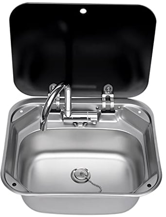 HOARLICN Rv Caravan Oder Boot Edelstahl Handwaschbecken Waschbecken, Spülbecken Spüle Mit Deckel & Wasserhahn Camping Edelstahl Wohnmobil Wohnwagen Für Rv Caravan Camper Wohnmobil