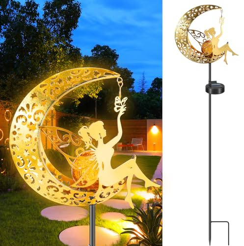 Mond Solarlampen für Außen Garten, Solarleuchte Gartendeko für Draußen, Elfe/Blumenfee Wasserdichte Solarleuchte mit Erdspieß, Freien Solarlampe für Außen, Terassendeko, Rasen, Balkon (Stern)
