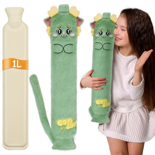 Cyiecw Cartoon Plüsch Wärmeflasche Lang, 1 Liter Kinder Wärmflasche mit weichem Bezug, 57 x 10cm Kleine Kapazität Schlauch Wärmflasche Tier für Schulter, Nacken und Bauch (Dinosaurier)