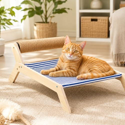 JOROBURO Katzen-Strandkorb, Erhöhtes Katzenbett für Alle Jahreszeiten mit Sisalkratzer, Erhöhte Katzenbetten für Drinnen, Originelle, Gemütliche Katzenliege für Drinnen und Draußen