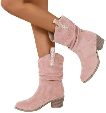 Bottes de cowboy pour femme - Bottes western en daim - Élégantes - Talon bloc - Bottes de vélo à enfiler - Bottes d'hiver - Bottes d'équitation - Bottes de travail de cowgirl - Bottes d'hiver, rose