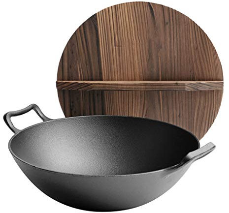 SDVantage Wok tradicional de hierro fundido martillado a mano de 35,6 cm, con 2 orejas y tapa, 33 cm