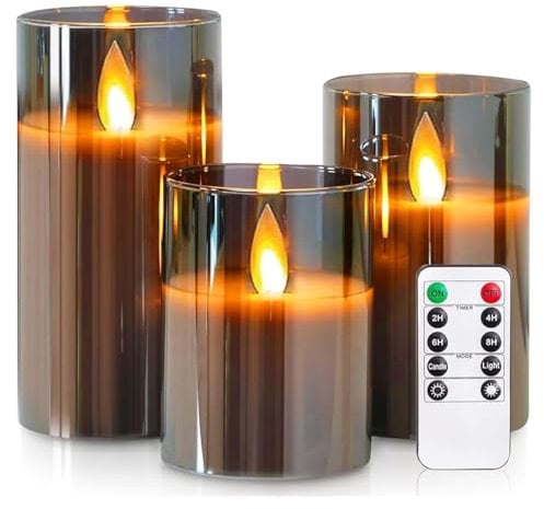 LKH LED Candles with Remote Control - Set of 3 Paraffin Battery Operated Candles with 4 Timer Function & Adjustable Brightness - Warm White Flameless Candle Flicker-Free Xmas Decorative Lights