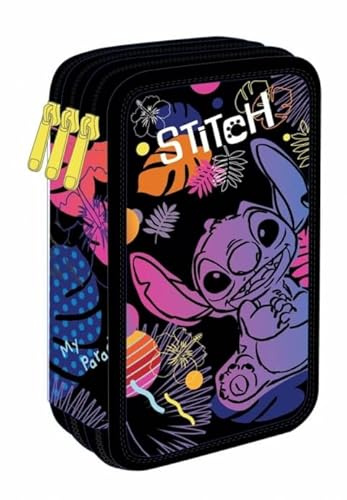 CoolPack Disney Stitch Federmäppchen Jumper 3 – gefülltes Etui mit 3 Fächern – 46-teilig – Schwarz mit Hawaii-Motiv