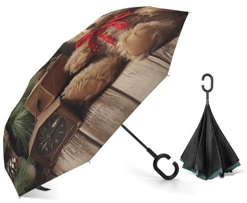 LQWOK Car Reverse Umbrella, Xmas Tree Branch Bear Printed Reverse Umbrella,windproof Double-layer Folding Reverse Umbrella