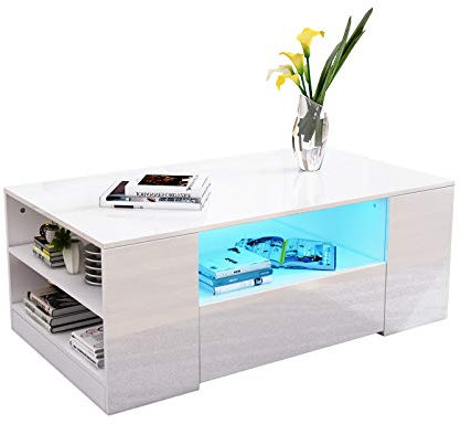 LED Coffee Table for Living Room,White Gloss Coffee Table with Storage Centre Table with 5 Open Shelves 2 Drawers Sofa Side Table Wooden Rectangle Tea Table with RGB LED Lights Home Furniture