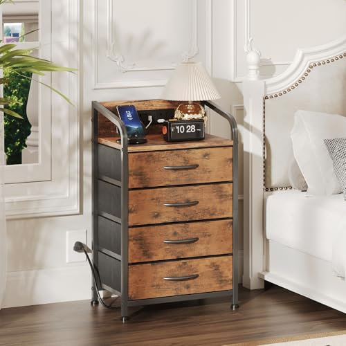 MUTUN Bedside Table Cabinet with Drawers and Charging Station, Small Nightstand for Bedroom, Storage Chest of Drawers for Living Room, Hallway, Entryway, Rustic Brown