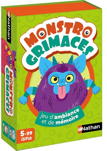 Nathan – Monstro Grimaces, Kartenspiel für Kinder ab 5 Jahren, Stimmungs- und Gedächtnisspiel, Thema Monster, realisiert die höchste Pyramide, einfache Regeln, Familie und Kinder, 2 bis 4 Spieler