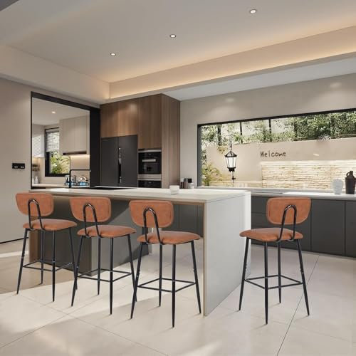 Youhauchair Tabouret Bar Lot de 4, Tabouret de Bar Moderne en Faux Cuir pour îlot de Cuisine, Chaise de Bar pour Petit-déjeuner avec Dossier et Pied en Métal, Tabourets de Bar Rembourrés, Brun