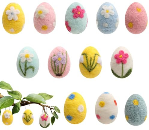 Generisch Filz-Ostereier, 12 Stück Große Pastell Gefilzt Eier Ornamente Kunsthandwerk, Bunt Bemalter Osterfilz Zum Aufhängen Am Baum, Exquisite Ostern Dekoration Für Wand Und Wohnzimmer
