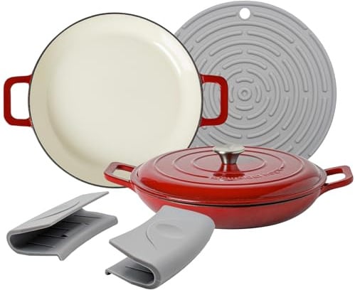 Argon Tableware 2.3L Shallow Cast Iron Casserole Dishes with Self-Basting Lids - Red Ombre - 2 Pack Induction Hob Cooking 2.43QT Dutch Oven Bread Baking Serving Roasting Stew Stock Pot Cookware Pan