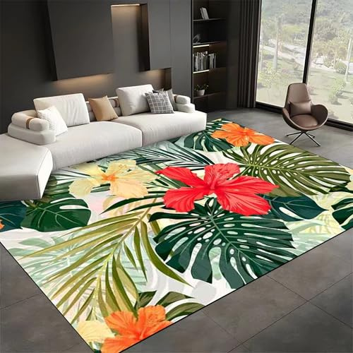 Luyemci Tropical Plant Floral Indoor Carpets, 180x300cm, Green Palm Leaf Monstera Floor Rugs, Low Pile Easy Clean Large Rug, Shed Resistant Pet Friendly High Traffic Carpet for Dining Room Hallway