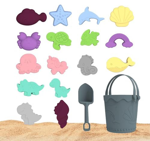 CHSEEO Beach Toys, 18 PCS Collapsible Bucket and Spade Beach Set Kids, Silicone Sand Toys for Boys Girls, Outdoor Water and Sand Toy for Kids Children Toddlers