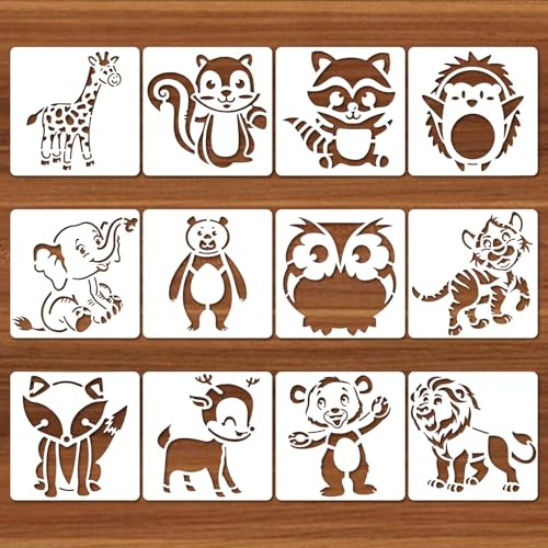 Ymapinc 12 Stück Cute Malerei Schablonen Textilgestaltung | Tier Schablonen Kinder 13x13cm Abwaschbare Kunststoff Malschablonen für DIY Kleidung Wanddekorationen Kinder (12 Tiere)