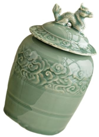Teebehälter aus Keramik 500ml Grün, Antikes Teegefäß mit Drachenfigur | Teedose Luftdicht, Chinesische Keramikdose, für Tee und Süßigkeiten, Vintage Stil
