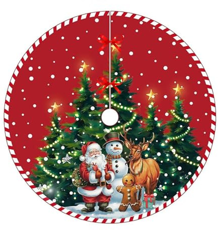 Weihnachtsbaum Decke,120cm Christbaumdecke Rund Rot,Weihnachtsmann Elch Kiefern Schneeflocken für Zuhause Boden Urlaub Party Deko,für Innen-und Außen