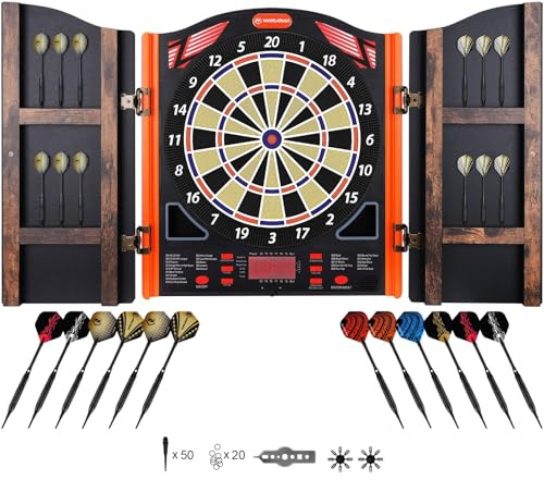 WIN.MAX Elektronische Dartscheibe Profi Set mit Laser Throw Marker | Toe Line Marker mit Deutsche Stimme-Geeignet für Batterien/Adapter für 1 bis 8 Spieler mit 12 Darts