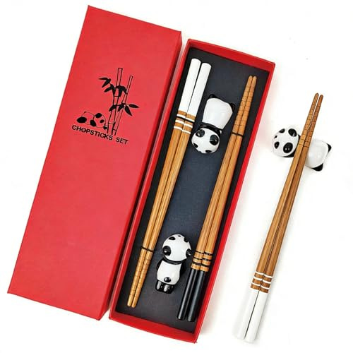Rpanle Bamboo Chopsticks, 2 Pairs Japanese Reusable Chopsticks with Ceramic Panda Rest, Chopstick Gift Set for Asian Dishes Sushi Rice Noodles, Elegant Gift for Food Lovers