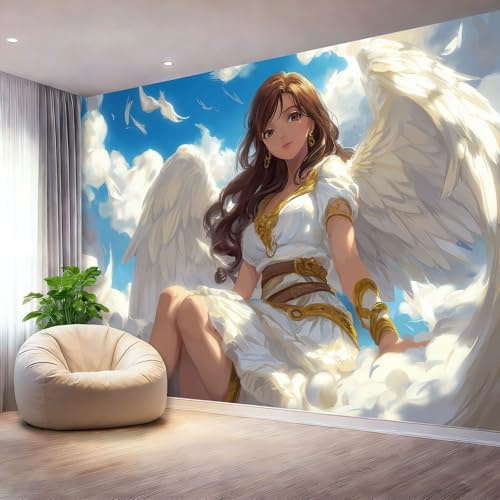 Anime Engel Wolke Art Fototapete Tapete 300 x 210 cm, Vlies Tapeten Moderne Wandtapete Wohnzimmer Schlafzimmer Study Wohnzimmer Restaurant Cafe Dekoration, Blau Weiß