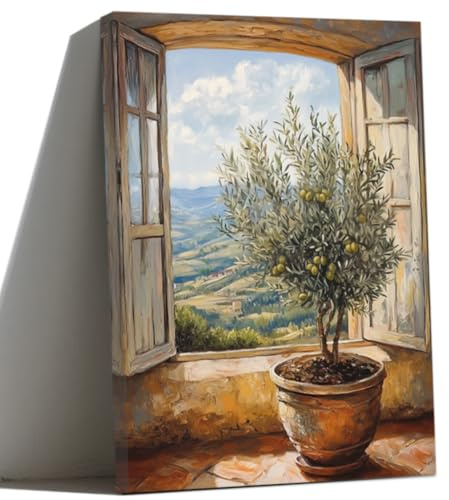 ZQQART Olivenbaum Leinwand Wanddruck Landschaft grüne Olive Fensteransicht Gemälde Bauernhaus Dekoration für Küche Schlafzimmer Zuhause (60W x 90L cm)