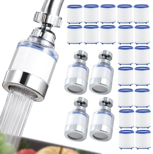 4 Pcs Water Faucet Filters + 20 Cartridges, 360° Rotating Tap Filter for Kitchen Sink, Hard Water Filter Tap for for Home Shower and Bathroom