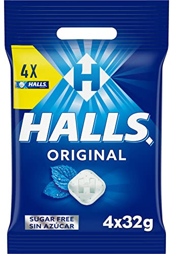 Halls Original - Caramelos Duros Sabor Eucalipto, Sin Azúcar - Paquete de 4 Envases de 32 g