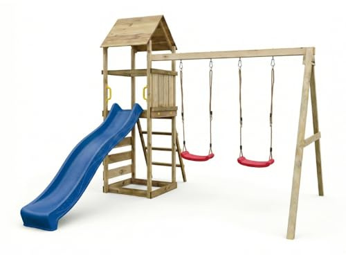 Maxplay 2.2 - Parque infantil de madera con tobogán de 2,2 m, color verde, doble columpio, torre con techo y pared escalada, zona de juegos de jardín para niños de 3 a 10 años, madera impregnada en