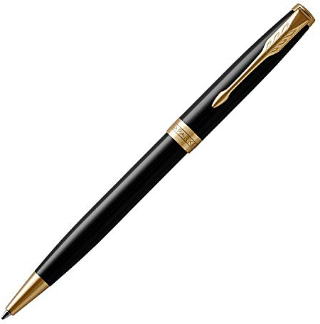 PARKER Sonnet Ballpoint Pen, Black lacquer, Gold Trims, Medium point, Black ink refill - Gift Set + brown pen pouch