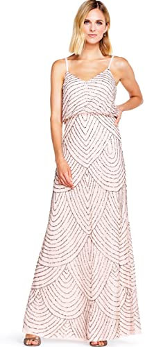 Adrianna Papell Art Deco Beaded Blouson Gown Robe, Rose poudré/doré, 46 Femme