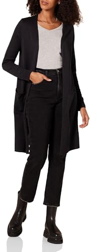 Amazon Essentials Cardigan Leggero A Maniche Lunghe con Apertura Frontale, Lunghezza più Lunga (Disponibile in Taglie Forti) Donna, Nero, L